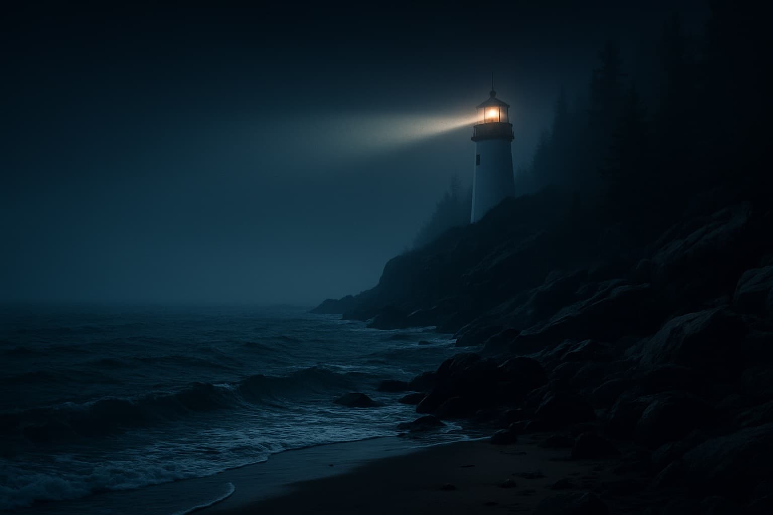 Maine lighthouse in the fog at night