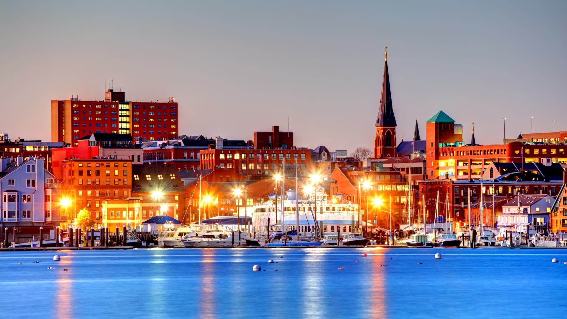 Portland Maine waterfront at dusk