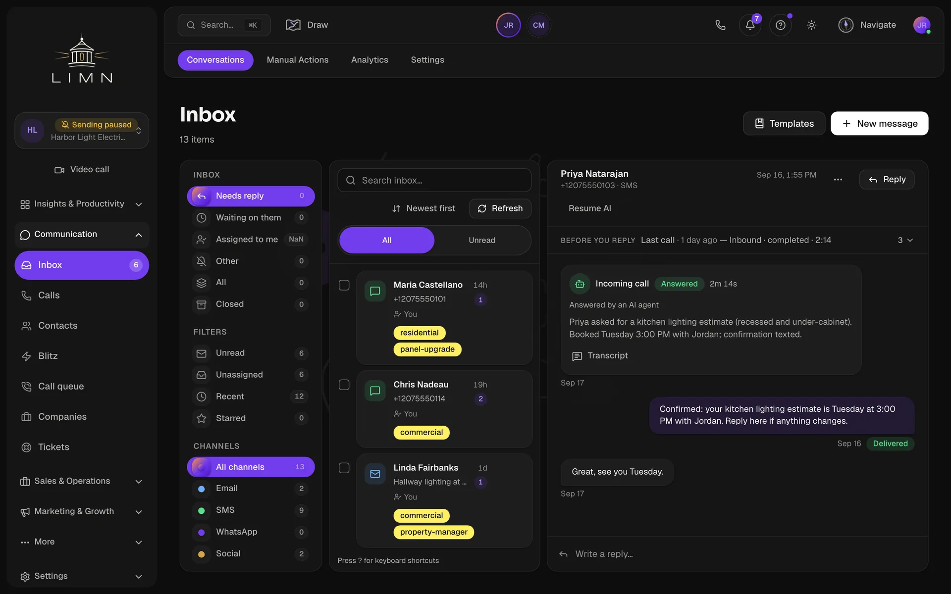 The Limn inbox: texts, email and social messages in one thread per customer.