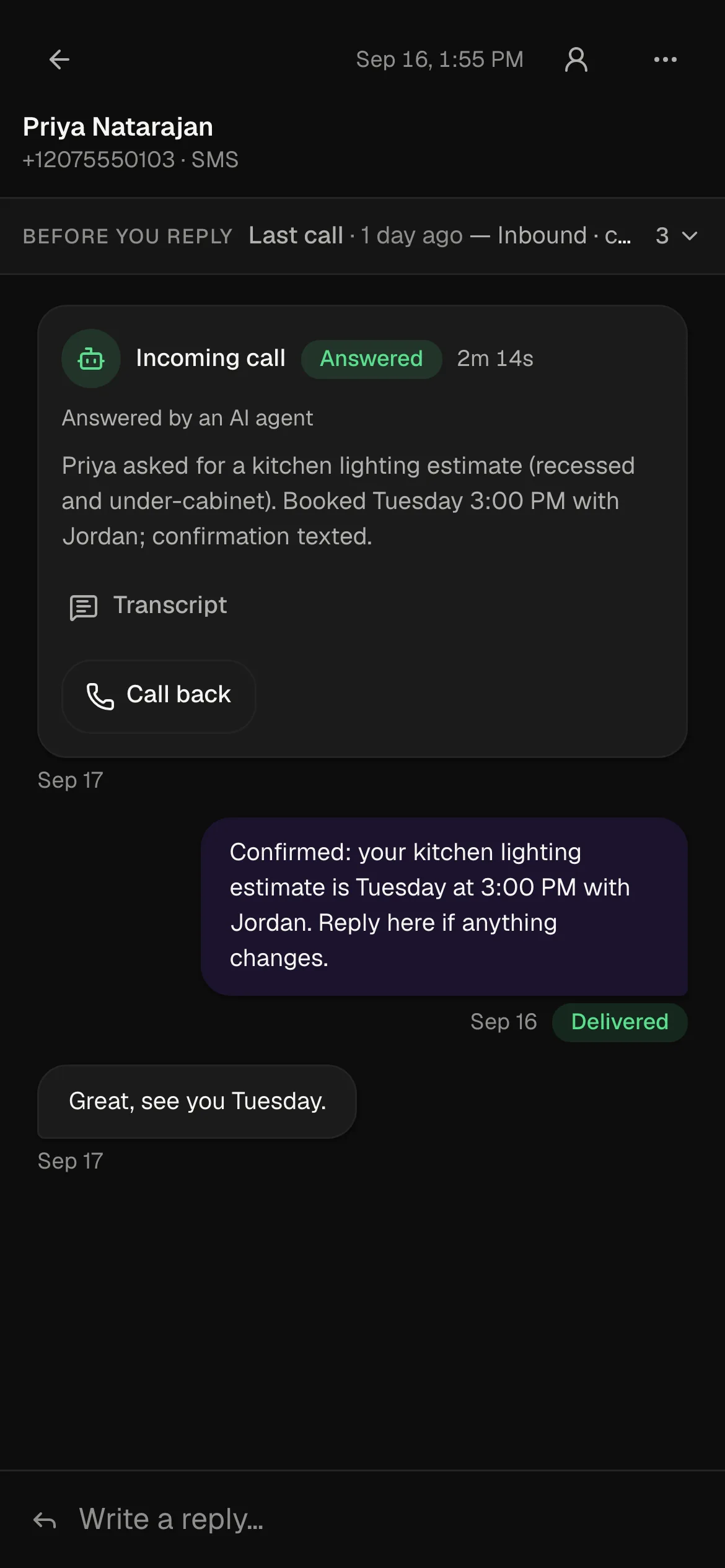 The Limn inbox on a phone: texts, email and social in one thread per customer.